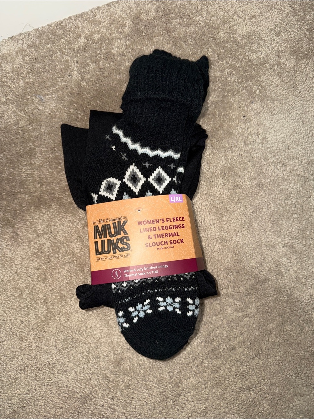 Women’s Muk Luks Black Fair Isle Fleece-Lined legging and Slouch Socks